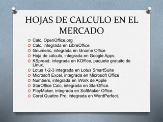 HOJAS DE CALCULO EN EL 
MERCADO 
O Calc, OpenOffice.org 
O Calc, integrada en LibreOffice 
O Gnumeric, integrada en Gnome Office 
O Hoja de cálculo, integrada en Google Apps. 
O KSpread, integrada en KOffice, paquete gratuito de 
Linux. 
O Lotus 1-2-3 integrada en Lotus SmartSuite 
O Microsoft Excel, integrada en Microsoft Office 
O Numbers, integrada en iWork de Apple 
O StarOffice Calc, integrada en StarOffice. 
O PlayMaker, integrada en SoftMaker Office. 
O Corel Quattro Pro, integrada en WordPerfect. 
