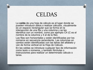CELDAS 
La celda de una hoja de cálculo es el lugar donde se 
pueden introducir datos o realizar cálculos, visualmente 
es un espacio rectangular que se forma en la 
intersección de una fila y una columna y se les 
identifica con un nombre, como por ejemplo C4 (C es el 
nombre de la columna y 4 el de la fila). 
Las filas son horizontales y están identificadas por los 
números en secuencia ascendente. Las columnas en 
cambio están identificadas con las letras del alfabeto y 
van de forma vertical en la Hoja de Cálculo. 
En las celdas se introduce cualquier tipo de información 
como texto o números, y también fórmulas o 
instrucciones para realizar un determinado cálculo o 
tarea. 
 