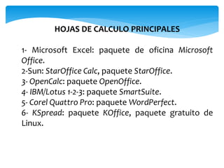 HOJAS DE CALCULO PRINCIPALES
1- Microsoft Excel: paquete de oficina Microsoft
Office.
2-Sun: StarOffice Calc, paquete StarOffice.
3- OpenCalc: paquete OpenOffice.
4- IBM/Lotus 1-2-3: paquete SmartSuite.
5- Corel Quattro Pro: paquete WordPerfect.
6- KSpread: paquete KOffice, paquete gratuito de
Linux.
 