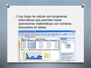 O Las hojas de calculo son programas
informáticos que permiten hacer
operaciones matemáticas con números
dispuestos en tablas.