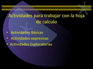 Actividades para trabajar con la hoja
              de calculo

• Actividades Básicas
• Actividades expresivas
• Actividades Exploratorias
 