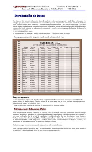 Instituto de Formación Profesional Fundamentos de Microsoft Excel 7
Incorporado al Ministerio de Educación y Culto Res. N° 246 Telef. 504622
Con Excel, es fácil introducir información dentro de una hoja y poder cambiar, suprimir y añadir dicha información. No
tiene por que preocuparse si inicialmente sus datos no han quedado perfectamente introducidos o no lo ha hecho en
forma correcta. Siempre podrá cambiarlos o terminar de introducirlos mas tarde. Cada archivo de Microsoft Excel es un
libro de trabajo con varias hojas que pueden intercambiar información entre si fácilmente e introducir rápidamente datos
entre en ellas. Puede organizar las hojas de un libro de trabajo y ponerles un nombre para poder localizar rápidamente la
información que necesita.
En esta lección aprenderá como :
 Introducir datos en una hoja - Abrir y guardar un archivo - Trabajar con libros de trabajo.
Suponga que desea transcribir la siguiente planilla usando la hoja de cálculo Excel :
NOMBRE APELLIDO SUELDO VALE BONIFICACION I.P.S. TOTDESCUENTO TOTACOBRAR
RICARDO ACOSTA 875000 65000 85400
EVER RAMIREZ 950000 45000 75000
FELIPE MEZA 650000 30000 54000
ANDRES ORTIZ 755000 85000 65000
JOSÉ BENITEZ 960000 150000 40000
LUIS MENDEZ 1200000 55000 25000
PAOLA GOMEZ 550000 65000 125000
PABLO AYALA 685000 75000 63000
MARIA ALVAREZ 750000 35000 50000
CARLOS LOPÉZ 980000 86000 78000
VIVIANA GAUTO 360000 25000 450000
RAMÓN PORTILLO 645000 45200 850000
JUAN CARRY 1450000 352000 100000
PEDRO MARTINEZ 865000 45200 75000
NELSON CASTILLO 480000 150000 30000
DEMI MOORE 580000 65000 65000
FABIOLA ALCARAZ 630000 45800 36000
NOELIA ALVAREZ 752000 25000 62000
GUSTAV MENDOZA 465000 125000 65000
JUSTO VALVUENA 550000 42000 36000
HECTOR GODOY 2500000 350000 42500
Área de entrada:
El área de entrada es la parte de la hoja de cálculo que permite introducir o modificar datos en una celda. El área de
entrada se ubica en la parte superior o inferior del área de las celdas. En el caso de Excel, está en la parte superior de las
celdas, como se muestra en la siguiente figura:
Cuando se modifica el contenido de una celda, el mismo aparece en el área de entrada.
Puede introducir texto, números y fórmulas en cualquier celda de una hoja. Seleccione simplemente una celda y luego
introduzca . Comenzará la hoja con su Liquidación de salarios del mes de Enero , introduciendo texto en la columna A
para poner rótulo a las filas de su hoja de Liquidación . Pondrá titulo a las filas con descripciones como Nombre ,
Apellido, Sueldo, Vale , Bonificación, I.P.S. , Total Descuento y Total a Cobrar . Así sucesivamente tal como se observa
en el modelo de arriba. Cuando ponga título a sus hojas, usted y otros podrán comprender el objetivo , la lógica y las
suposiciones de su hoja haciendo que sus hojas sean más fáciles de usar.
Cualquier cosa que introduzca aparece en la celda activa y en la barra de fórmulas .
Puede cancelar la entrada, pulsando ESC. Si comete un error mientras introduce datos en una celda, puede utilizar la
tecla RETROCESO o las teclas de dirección para mover el punto de inserción .
CYBERTRONIC S.A.
LIQUIDACION DE SALARIOS DEL MES DE ENERO
 