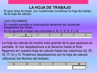 LA HOJA DE TRABAJO 
• El gran área formada por cuadriculas constituye la hoja de trabajo 
de la hoja de calculo. 
• LAS COLUMNAS 
• En nuestra pantalla a continuación tenemos las columnas 
designadas por letras. 
• En la siguiente imagen las columnas A, B, C, D, E, F y G 
La hoja de calculo es mucho mas grande de lo que aparece en 
pantalla. Si nos desplazamos a la derecha hasta el final 
llegamos en nuestra hoja de calculo hasta las columnas IQ, IR, 
IS, IT, IU y IV. Podemos desplazarnos por la hoja de calculo 
utilizando las flechas del teclado. 
 