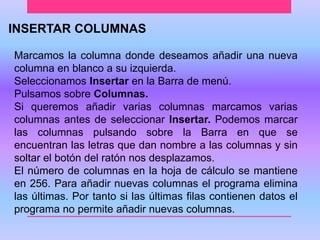 INSERTAR COLUMNAS 
Marcamos la columna donde deseamos añadir una nueva 
columna en blanco a su izquierda. 
Seleccionamos Insertar en la Barra de menú. 
Pulsamos sobre Columnas. 
Si queremos añadir varias columnas marcamos varias 
columnas antes de seleccionar Insertar. Podemos marcar 
las columnas pulsando sobre la Barra en que se 
encuentran las letras que dan nombre a las columnas y sin 
soltar el botón del ratón nos desplazamos. 
El número de columnas en la hoja de cálculo se mantiene 
en 256. Para añadir nuevas columnas el programa elimina 
las últimas. Por tanto si las últimas filas contienen datos el 
programa no permite añadir nuevas columnas. 
 