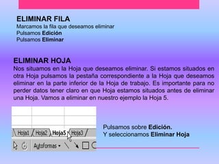 ELIMINAR FILA 
Marcamos la fila que deseamos eliminar 
Pulsamos Edición 
Pulsamos Eliminar 
ELIMINAR HOJA 
Nos situamos en la Hoja que deseamos eliminar. Si estamos situados en 
otra Hoja pulsamos la pestaña correspondiente a la Hoja que deseamos 
eliminar en la parte inferior de la Hoja de trabajo. Es importante para no 
perder datos tener claro en que Hoja estamos situados antes de eliminar 
una Hoja. Vamos a eliminar en nuestro ejemplo la Hoja 5. 
Pulsamos sobre Edición. 
Y seleccionamos Eliminar Hoja 
 