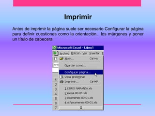 Imprimir 
Antes de imprimir la página suele ser necesario Configurar la página 
para definir cuestiones como la orientación, los márgenes y poner 
un título de cabecera 
 