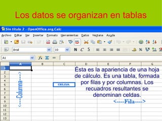 Los datos se organizan en tablas
Ésta es la apariencia de una hoja
de cálculo. Es una tabla, formada
por filas y por columnas. Los
recuadros resultantes se
denominan celdas.
 