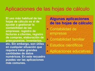 Aplicaciones de las hojas de cálculo
El uso más habitual de las
hojas de cálculo es el de
ayudar a gestionar la
contabilidad de las
empresas: registro de
facturas a clientes, registro
de compras, elaboración de
presupuestos, inventarios,
etc. Sin embargo, son útiles
en cualquier situación que
requiera tratar grandes
cantidades de datos
numéricos. En este recuadro
puedes ver las aplicaciones
más comunes.
Algunas aplicaciones
de las hojas de cálculo:
● Contabilidad de
empresas
● Contabilidad familiar
● Estudios científicos
● Aplicaciones educativas
 