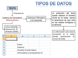 TIPOS DE DATOSTEXTOLa extensión del texto puede rebasar el tamaño inicial de la celda, dando la apariencia de que esta en las celdas contiguas a la derechaCompuesto porCadena de CaracteresAlfanuméricosAparecen Alineados a la izquierdaLetras (abcdefg…)Números (0…9)Símbolos ($%#/)La información solo estará contenida en la celda donde posicionaste el cursor de celda