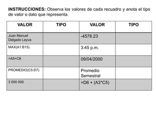 INSTRUCCIONES: Observa los valores de cada recuadro y anota el tipo de valor o dato que representa.