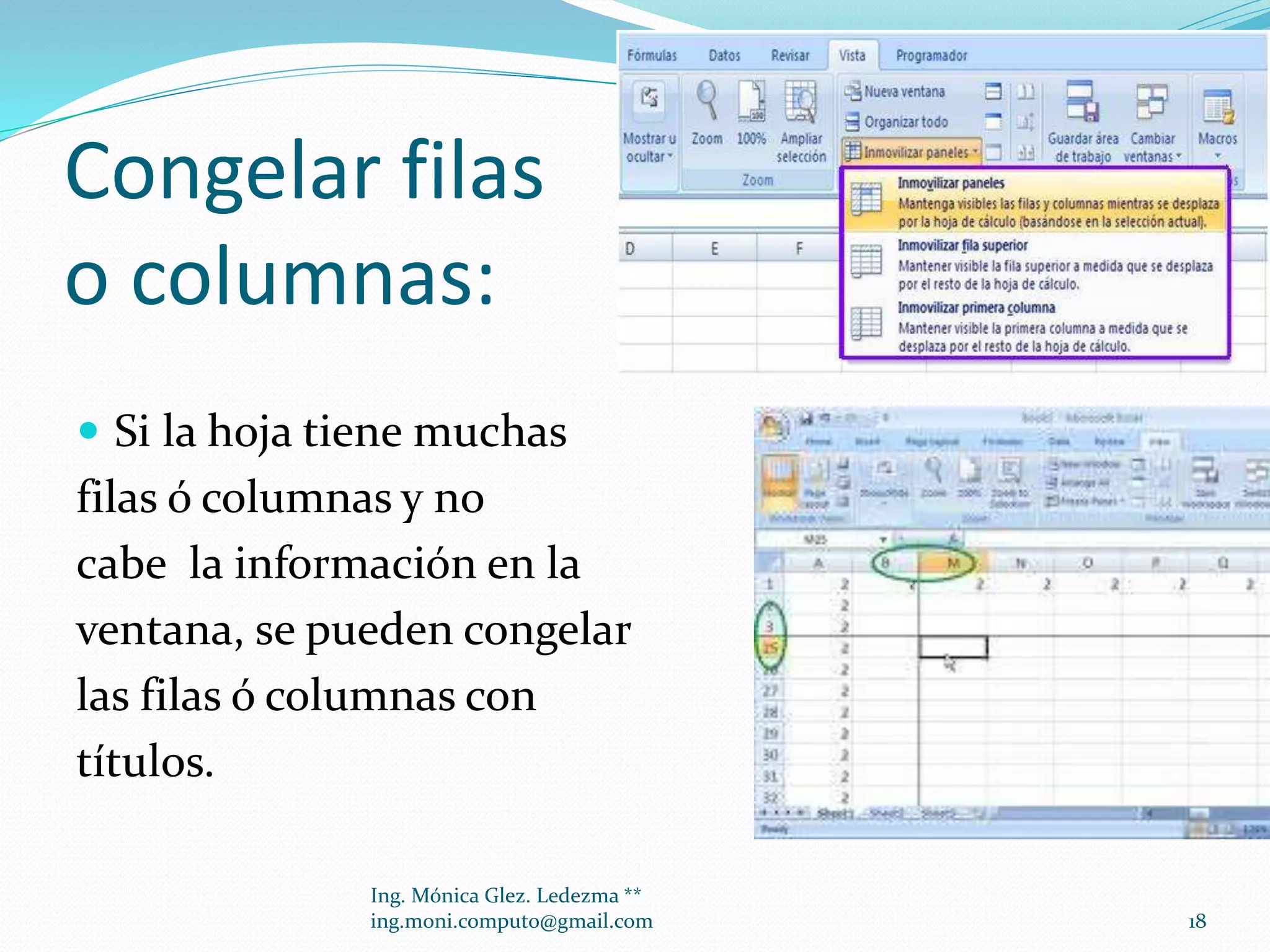 Congelar filas
o columnas:
 Si la hoja tiene muchas

filas ó columnas y no
cabe la información en la
ventana, se pueden congelar
las filas ó columnas con
títulos.
Ing. Mónica Glez. Ledezma **
ing.moni.computo@gmail.com

18

 
