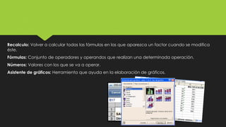 Recalculo: Volver a calcular todas las fórmulas en las que aparezca un factor cuando se modifica
éste.
Fórmulas: Conjunto de operadores y operandos que realizan una determinada operación.
Números: Valores con los que se va a operar.
Asistente de gráficos: Herramienta que ayuda en la elaboración de gráficos.
 
