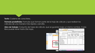 Texto: Cadena de caracteres.
Fórmula predefinida: Formulas que forman parte de la hoja de cálculo y que realizan los
cálculos de una manera más rápida y sencilla.
Libro de trabajo: Conjunto de hojas de cálculo, que se guardan bajo un mismo nombre. Cada
libro puede tener hasta 256 hojas.
 