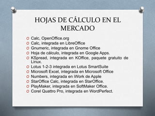 HOJAS DE CÁLCULO EN EL 
MERCADO 
O Calc, OpenOffice.org 
O Calc, integrada en LibreOffice 
O Gnumeric, integrada en Gnome Office 
O Hoja de cálculo, integrada en Google Apps. 
O KSpread, integrada en KOffice, paquete gratuito de 
Linux. 
O Lotus 1-2-3 integrada en Lotus SmartSuite 
O Microsoft Excel, integrada en Microsoft Office 
O Numbers, integrada en iWork de Apple 
O StarOffice Calc, integrada en StarOffice. 
O PlayMaker, integrada en SoftMaker Office. 
O Corel Quattro Pro, integrada en WordPerfect. 
