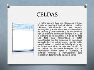 CELDAS 
La celda de una hoja de cálculo es el lugar 
donde se pueden introducir datos o realizar 
cálculos, visualmente es un espacio 
rectangular que se forma en la intersección 
de una fila y una columna y se les identifica 
con un nombre, como por ejemplo C4 (C es 
el nombre de la columna y 4 el de la fila). 
Las filas son horizontales y están 
identificadas por los números en secuencia 
ascendente. Las columnas en cambio están 
identificadas con las letras del alfabeto y van 
de forma vertical en la Hoja de Cálculo. En 
las celdas se introduce cualquier tipo de 
información como texto o números, y 
también fórmulas o instrucciones para 
realizar un determinado cálculo o tarea 
 
