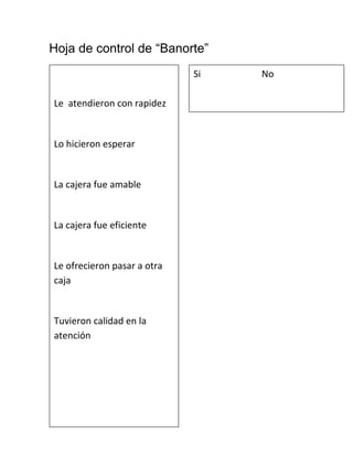 Hoja de control de “Banorte”
                             Si   No

Le atendieron con rapidez


Lo hicieron esperar


La cajera fue amable


La cajera fue eficiente


Le ofrecieron pasar a otra
caja


Tuvieron calidad en la
atención
 