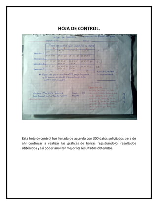 HOJA DE CONTROL.
Esta hoja de control fue llenada de acuerdo con 300 datos solicitados para de
ahí continuar a realizar las gráficas de barras registrándolos resultados
obtenidos y así poder analizar mejor los resultados obtenidos.
 