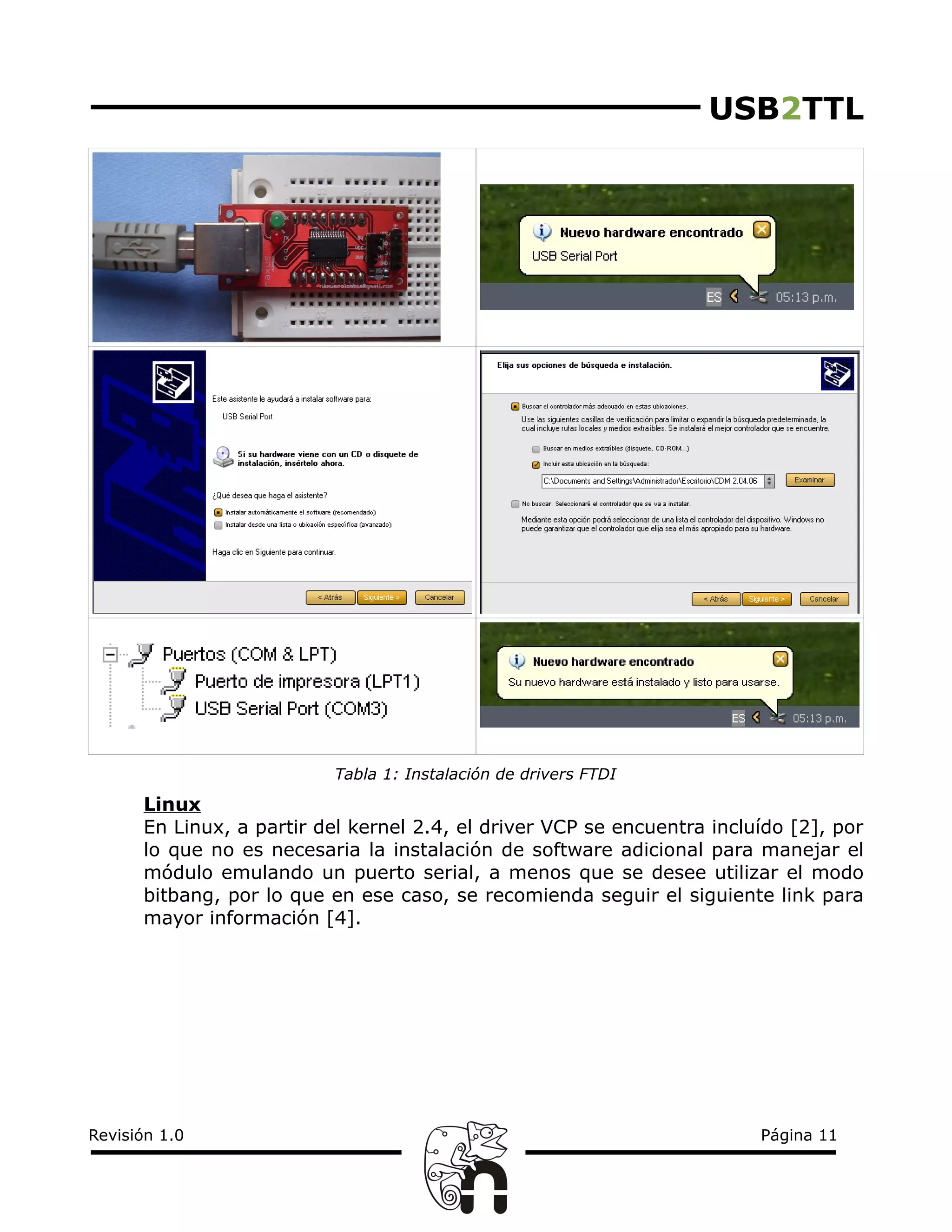 USB2TTL
Tabla 1: Instalación de drivers FTDI
Linux
En Linux, a partir del kernel 2.4, el driver VCP se encuentra incluído [2], por
lo que no es necesaria la instalación de software adicional para manejar el
módulo emulando un puerto serial, a menos que se desee utilizar el modo
bitbang, por lo que en ese caso, se recomienda seguir el siguiente link para
mayor información [4].
Revisión 1.0 Página 11
 
