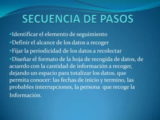 Identificar el elemento de seguimiento
Definir el alcance de los datos a recoger
Fijar la periodicidad de los datos a recolectar
Diseñar el formato de la hoja de recogida de datos, de
acuerdo con la cantidad de información a recoger,
dejando un espacio para totalizar los datos, que
permita conocer: las fechas de inicio y termino, las
probables interrupciones, la persona que recoge la
Información.
 