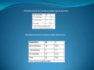 . Distribución de los escolares según tipo de parásito.




   Distribución de los escolares según infestación.
 