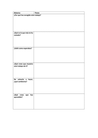 Materia: Título:
¿Por qué has escogido este trabajo?
¿Qué es lo que más te ha
costado?
¿Salió como esperabas?
¿Qué crees que muestra
este trabajo de ti?
De volverlo a hacer,
¿qué cambiarias?
¿Qué crees que has
aprendido?
 