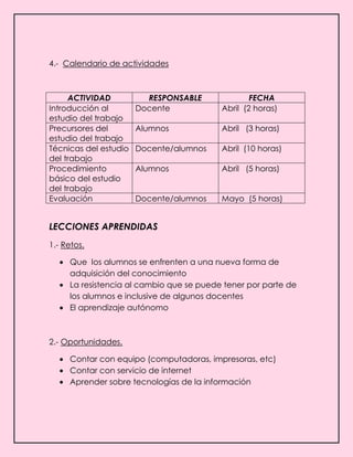 4.- Calendario de actividades
ACTIVIDAD RESPONSABLE FECHA
Introducción al
estudio del trabajo
Docente Abril (2 horas)
Precursores del
estudio del trabajo
Alumnos Abril (3 horas)
Técnicas del estudio
del trabajo
Docente/alumnos Abril (10 horas)
Procedimiento
básico del estudio
del trabajo
Alumnos Abril (5 horas)
Evaluación Docente/alumnos Mayo (5 horas)
LECCIONES APRENDIDAS
1.- Retos.
Que los alumnos se enfrenten a una nueva forma de
adquisición del conocimiento
La resistencia al cambio que se puede tener por parte de
los alumnos e inclusive de algunos docentes
El aprendizaje autónomo
2.- Oportunidades.
Contar con equipo (computadoras, impresoras, etc)
Contar con servicio de internet
Aprender sobre tecnologías de la información
 