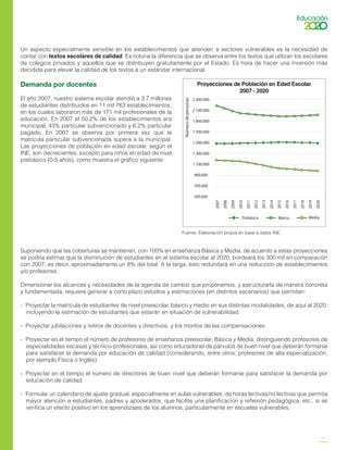 17
Un aspecto especialmente sensible en los establecimientos que atienden a sectores vulnerables es la necesidad de
contar con textos escolares de calidad. Es notoria la diferencia que se observa entre los textos que utilizan los escolares
de colegios privados y aquellos que se distribuyen gratuitamente por el Estado. Es hora de hacer una inversión más
decidida para elevar la calidad de los textos a un estándar internacional.
Demanda por docentes
El año 2007, nuestro sistema escolar atendió a 3.7 millones
de estudiantes distribuidos en 11 mil 763 establecimientos,
en los cuales laboraron más de 171 mil profesionales de la
educación. En 2007 el 50,2% de los establecimientos era
municipal, 43% particular subvencionado y 6,2% particular
pagado. En 2007 se observa por primera vez que la
matrícula particular subvencionada supera a la municipal.
Las proyecciones de población en edad escolar, según el
INE, son decrecientes, excepto para niños en edad de nivel
prebásico (0-5 años), como muestra el gráfico siguiente:
2.300.000
2.100.000
1.900.000
1.700.000
1.500.000
1.300.000
1.100.000
900.000
700.000
500.000
Prebásica Básica Media2007
2008
2009
2010
2011
2012
2013
2014
2015
2016
2017
2018
2019
2020
Proyecciones de Población en Edad Escolar
2007 - 2020
Númerodepersonas
Fuente: Elaboración propia en base a datos INE.
Suponiendo que las coberturas se mantienen, con 100% en enseñanza Básica y Media, de acuerdo a estas proyecciones
se podría estimar que la disminución de estudiantes en el sistema escolar al 2020, bordeará los 300 mil en comparación
con 2007, es decir, aproximadamente un 8% del total. A la larga, esto redundará en una reducción de establecimientos
y/o profesores.
Dimensionar los alcances y necesidades de la agenda de cambio que proponemos, y estructurarla de manera concreta
y fundamentada, requiere generar a corto plazo estudios y estimaciones (en distintos escenarios) que permitan:
-	 Proyectar la matrícula de estudiantes de nivel preescolar, básico y medio en sus distintas modalidades, de aquí al 2020,
incluyendo la estimación de estudiantes que estarán en situación de vulnerabilidad.
-	 Proyectar jubilaciones y retiros de docentes y directivos, y los montos de las compensaciones.
-	 Proyectar en el tiempo el número de profesores de enseñanza preescolar, Básica y Media, distinguiendo profesores de
especialidades escasas y técnico-profesionales, así como educadoras de párvulos de buen nivel que deberán formarse
para satisfacer la demanda por educación de calidad (considerando, entre otros, profesores de alta especialización,
por ejemplo Física o Inglés).
-	 Proyectar en el tiempo el número de directores de buen nivel que deberán formarse para satisfacer la demanda por
educación de calidad.
-	 Formular un calendario de ajuste gradual, especialmente en aulas vulnerables, de horas lectivas/no lectivas que permita
mayor atención a estudiantes, padres y apoderados, que facilite una planificación y reflexión pedagógica, etc., si se
verifica un efecto positivo en los aprendizajes de los alumnos, particularmente en escuelas vulnerables.
 