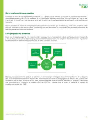 9
13	 Education at a Glance, OECD 2008.
Recursos financieros requeridos
Gastamos un tercio de lo que gastan los países de la OECD en educación primaria, y un cuarto en educación secundaria13.
Las propuestas de Educación 2020 necesitan de un contundente aumento de recursos. Si el compromiso de Chile es real,
y la década 2010-2020 será efectivamente la década de la educación, es fundamental hacer el sacrificio de una inversión
relevante.
Hacer un análisis de costos de la mejora de la educación en Chile es algo que lleva tiempo y, por lo tanto, aventurar cifras
precisas escapa hoy de nuestras manos. Sin embargo, en este documento se proporciona una primera aproximación de
la envergadura de la inversión requerida.
Enfoque gradual y sistémico
Cada uno de los pilares por sí solo no sostendrá ni conseguirá una mejora efectiva de la oferta educativa en la escuela
y el aula. Postulamos que las distintas propuestas implementadas en conjunto romperán el círculo vicioso e impactarán
favorablemente en la enseñanza y aprendizaje de niños y jóvenes escolares.
	
Proporción
docente/
alumnoDirectores de
Nivel
Internacional
Apoderados
participativos
Profesores de
Excelencia
Mejora de la
oferta
educativa en el
aula y la
escuela
El enfoque es obligadamente gradual. En este tema no existen atajos ni milagros. No se forman profesores de un día para
otro, no se forman directores de un día para otro, no se mejoran escuelas de pedagogía de un día para otro, no se puede
incrementar los recursos en forma brusca pues el sistema escolar sería incapaz de absorberlos. No es por casualidad
que este movimiento ciudadano se denomine Educación 2020… nuestra meta no está a la vuelta de la esquina, la
visualizamos para el año 2020.
 