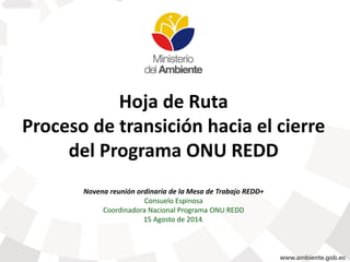 Hoja de Ruta 
Proceso de transición hacia el cierre del Programa ONU REDDNovena reunión ordinaria de la Mesa de Trabajo REDD+ Consuelo Espinosa 
Coordinadora Nacional Programa ONU REDD15 Agosto de 2014.  