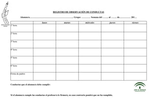REGISTRO DE OBSERVACIÓN DE CONDUCTAS
Alumno/a………………………………………………….. Grupo: ………… Semana del …….. al …….. de…………… 201…
lunes martes miércoles jueves viernes
1ª hora
2ª hora
3ª hora
4ª hora
5ª hora
6ª hora
Firma de padres
Conductas que el alumno/a debe cumplir:
Si el alumno/a cumple las conductas el profesor/a le firmará, en caso contrario pondrá que no ha cumplido.