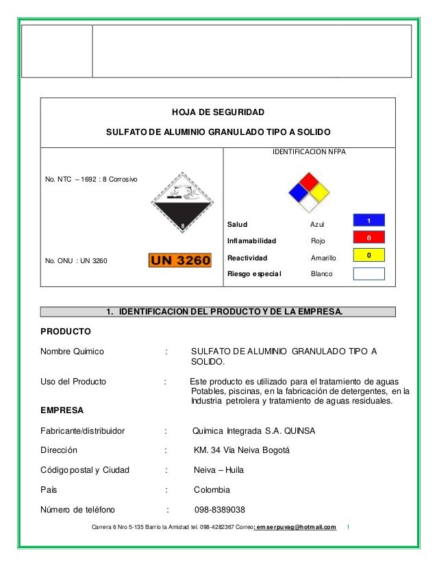 Hoja de seguridad sulfato de aluminio