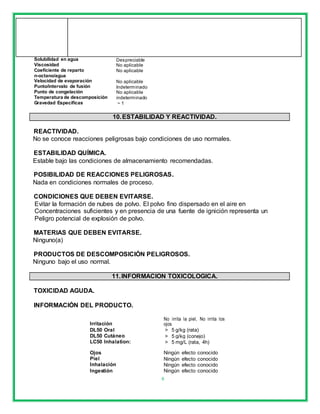 6
Solubilidad en agua Despreciable
Viscosidad No aplicable
Coeficiente de reparto No aplicable
n-octano/agua
Velocidad de evaporación No aplicable
Punto/intervalo de fusión Indeterminado
Punto de congelación No aplicable
Temperatura de descomposición indeterminado
Gravedad Específicas ~ 1
10.ESTABILIDAD Y REACTIVIDAD.
REACTIVIDAD.
No se conoce reacciones peligrosas bajo condiciones de uso normales.
ESTABILIDAD QUÍMICA.
Estable bajo las condiciones de almacenamiento recomendadas.
POSIBILIDAD DE REACCIONES PELIGROSAS.
Nada en condiciones normales de proceso.
CONDICIONES QUE DEBEN EVITARSE.
Evitar la formación de nubes de polvo. El polvo fino dispersado en el aire en
Concentraciones suficientes y en presencia de una fuente de ignición representa un
Peligro potencial de explosión de polvo.
MATERIAS QUE DEBEN EVITARSE.
Ninguno(a)
PRODUCTOS DE DESCOMPOSICIÓN PELIGROSOS.
Ninguno bajo el uso normal.
11.INFORMACION TOXICOLOGICA.
TOXICIDAD AGUDA.
INFORMACIÓN DEL PRODUCTO.
Irritación
No irrita la piel, No irrita los
ojos
DL50 Oral > 5 g/kg (rata)
DL50 Cutáneo > 5 g/kg (conejo)
LC50 Inhalation: > 5 mg/L (rata, 4h)
Ojos Ningún efecto conocido
Piel Ningún efecto conocido
Inhalación Ningún efecto conocido
Ingestión Ningún efecto conocido
 