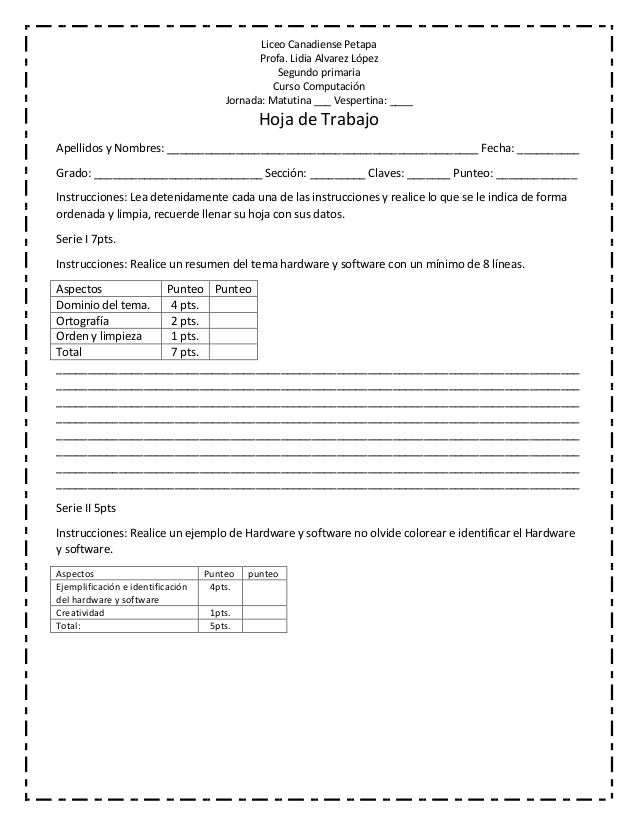 Hoja de trabajo hardware y software