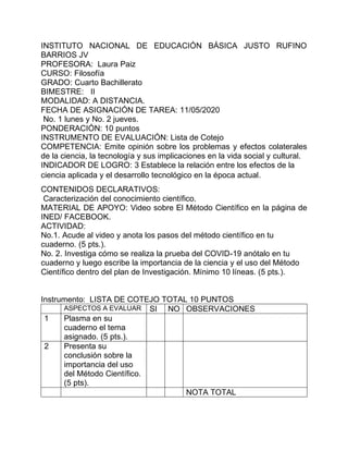 INSTITUTO NACIONAL DE EDUCACIÓN BÁSICA JUSTO RUFINO
BARRIOS JV
PROFESORA: Laura Paiz
CURSO: Filosofía
GRADO: Cuarto Bachillerato
BIMESTRE: II
MODALIDAD: A DISTANCIA.
FECHA DE ASIGNACIÓN DE TAREA: 11/05/2020
No. 1 lunes y No. 2 jueves.
PONDERACIÓN: 10 puntos
INSTRUMENTO DE EVALUACIÓN: Lista de Cotejo
COMPETENCIA: Emite opinión sobre los problemas y efectos colaterales
de la ciencia, la tecnología y sus implicaciones en la vida social y cultural.
INDICADOR DE LOGRO: 3 Establece la relación entre los efectos de la
ciencia aplicada y el desarrollo tecnológico en la época actual.
CONTENIDOS DECLARATIVOS:
Caracterización del conocimiento científico.
MATERIAL DE APOYO: Video sobre El Método Científico en la página de
INED/ FACEBOOK.
ACTIVIDAD:
No.1. Acude al video y anota los pasos del método científico en tu
cuaderno. (5 pts.).
No. 2. Investiga cómo se realiza la prueba del COVID-19 anótalo en tu
cuaderno y luego escribe la importancia de la ciencia y el uso del Método
Científico dentro del plan de Investigación. Mínimo 10 líneas. (5 pts.).
Instrumento: LISTA DE COTEJO TOTAL 10 PUNTOS
ASPECTOS A EVALUAR SI NO OBSERVACIONES
1 Plasma en su
cuaderno el tema
asignado. (5 pts.).
2 Presenta su
conclusión sobre la
importancia del uso
del Método Científico.
(5 pts).
NOTA TOTAL
 