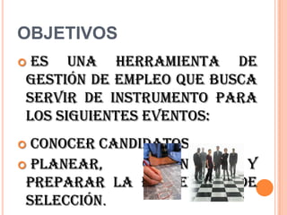 OBJETIVOS
Es una herramienta de
gestión de empleo que busca
servir de instrumento para
los siguientes eventos:
 Conocer candidatos
 Planear,     obtener   y
 preparar la entrevista de
 selección.
 