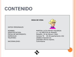 CONTENIDO

                        HOJA DE VIDA



 DATOS PERSONALES

 NOMBRE:                    MARTHA LUCIA REYES FIGUEROA
 IDENTIFICACION:            c.c. 42.998.018 de Medellín
 FECHA DE NACIMIENTO:       Medellín, 24 de febrero 1960.
 DOMICILIO:                 Carrera 76 30-46 apartamento 202
 TELEFONO:                  2568014 Residencia
                            2563060 Oficina esposo.
 NACIONALIDAD:              Colombiana
 