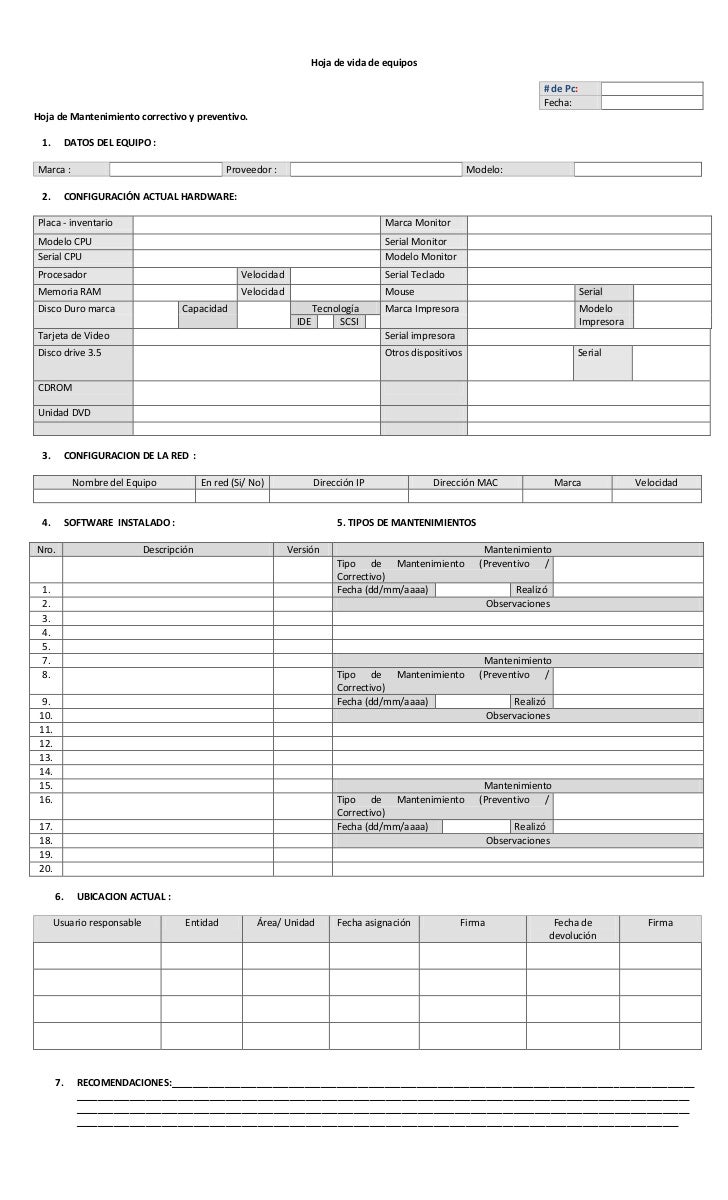 Hoja de vida de equipos de computo ejemplos