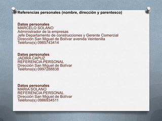 Referencias personales (nombre, dirección y parentesco)


Datos personales
MARCELO SOLANO
Administrador de la empresas
Jefe Departamento de construcciones y Gerente Comercial
Dirección San Miguel de Bolívar avenida Veintenilla
Teléfono(s) 0985743414


Datos personales
JADIRA CAPUZ
REFERENCIA PERSONAL
Dirección San Miguel de Bolívar
Teléfono(s) 0997288838



Datos personales
MARIA SOLANO
REFERENCIA PERSONAL
Dirección San Miguel de Bolívar
Teléfono(s) 0986934511
 