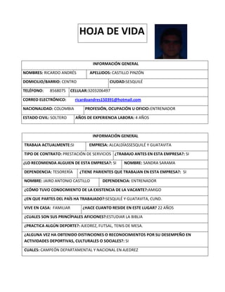 HOJA DE VIDA
INFORMACIÓN GENERAL
NOMBRES: RICARDO ANDRÉS

APELLIDOS: CASTILLO PINZÓN

DOMICILIO/BARRIO: CENTRO

CIUDAD:SESQUILÉ

TELÉFONO:

8568075

CELULAR:3203206497

CORREO ELECTRÓNICO:
NACIONALIDAD: COLOMBIA
ESTADO CIVIL: SOLTERO

ricardoandres150391@hotmail.com
PROFESIÓN, OCUPACIÓN U OFICIO: ENTRENADOR
AÑOS DE EXPERIENCIA LABORA: 4 AÑOS

INFORMACIÓN GENERAL
TRABAJA ACTUALMENTE:SI

EMPRESA: ALCALDÍASSESQUILÉ Y GUATAVITA

TIPO DE CONTRATO: PRESTACIÓN DE SERVICIOS ¿TRABAJO ANTES EN ESTA EMPRESA?: SI
¿LO RECOMIENDA ALGUIEN DE ESTA EMPRESA?: SI
DEPENDENCIA: TESORERÍA

NOMBRE: SANDRA SARAMA

¿TIENE PARIENTES QUE TRABAJAN EN ESTA EMPRESA?: SI

NOMBRE: JAIRO ANTONIO CASTILLO

DEPENDENCIA: ENTRENADOR

¿CÓMO TUVO CONOCIMIENTO DE LA EXISTENCIA DE LA VACANTE?:AMIGO
¿EN QUE PARTES DEL PAÍS HA TRABAJADO?:SESQUILÉ Y GUATAVITA, CUND.
VIVE EN CASA: FAMILIAR

¿HACE CUANTO RESIDE EN ESTE LUGAR? 22 AÑOS

¿CUALES SON SUS PRINCÍPIALES AFICIONES?:ESTUDIAR LA BIBLIA
¿PRACTICA ALGÚN DEPORTE?: AJEDREZ, FUTSAL, TENIS DE MESA.
¿ALGUNA VEZ HA OBTENIDO DISTINCIONES O RECONOCIMIENTOS POR SU DESEMPEÑO EN
ACTIVIDADES DEPORTIVAS, CULTURALES O SOCIALES?: SI
CUALES: CAMPEÓN DEPARTAMENTAL Y NACIONAL EN AJEDREZ

 