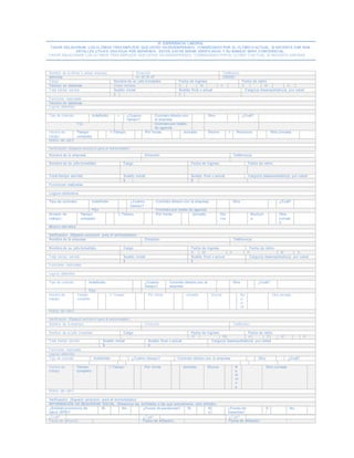VI. EXPERIENCIA LABORAL 
FAVOR RELACIONAR LOS ULTIMOS TRES EMPLEOS QUE USTED HA DESEMPEÑADO, COMENZANDO POR EL ULTIMO O ACTUAL. SI NECESITA DAR MAS 
DETALLES UTILICE UNA HOJA POR SEPARADO. ESTOS DATOS SERAN VERIFICADOS Y SU MANEJO SERA CONFIDENCIAL. 
FAVOR RELACIONAR LOS ULTIMOS TRES EMPLEOS QUE USTED HA DESEMPEÑADO, COMENZANDO POR EL ULTIMO O ACTUAL. SI NECESITA DAR MAS 
Nombre de la última o actual empresa Dirección Teléfono(s) 
selcomp Av 28 35 40 3382828 
Cargo Nombre de su jefe inmediato Fecha de ingreso Fecha de retiro 
Técnico en sistemas Diana morales D M A D M A 
Total tiempo servido Sueldo inicial Sueldo final o actual Cargo(s) desempeñado(s) por usted 
$ $ 
Funciones realizadas 
Técnico en sistemas 
Logros obtenidos 
Tipo de contrato: Indefinido x ¿Cuanto 
tiempo? 
Contrato directo con 
la empresa 
Otro ¿Cuál? 
Fijo Contrato por medio 
de agencia 
Horario de 
trabajo: 
Tiempo 
completo 
½ Tiempo Por horas Jornada: Diurna x Nocturna Otra jornada 
Motivo del retiro 
Verificación (Espacio exclusivo para el entrevistador) 
Nombre de la empresa Dirección Teléfono(s) 
Nombre de su jefe inmediato Cargo Fecha de ingreso Fecha de retiro 
Total tiempo servido Sueldo inicial Sueldo final o actual Cargo(s) desempeñado(s) por usted 
$ $ 
Funciones realizadas 
Logros obtenidos 
Tipo de contrato: Indefinido ¿Cuánto 
tiempo? 
Contrato directo con la empresa Otro ¿Cuál? 
Fijo Contrato por medio de agencia 
Horario de 
trabajo: 
Tiempo 
completo 
½ Tiempo Por horas Jornada: Diu 
rna 
Nocturn 
a 
¿Cuál? ¿Cuál? ¿Cuál? 
Fecha de afiliación Fecha de afiliación: Fecha de afiliación: 
Otra 
jornad 
a 
Motivo del retiro 
Verificación (Espacio exclusivo para el entrevistador) 
Nombre de la empresa Dirección Teléfono(s) 
Nombre de su jefe inmediato Cargo Fecha de ingreso Fecha de retiro 
D M A D M A 
Total tiempo servido Sueldo inicial Sueldo final o actual Cargo(s) desempeñado(s) por usted 
$ $ 
Funciones realizadas 
Logros obtenidos 
Tipo de contrato: Indefinido ¿Cuánto 
tiempo? 
Contrato directo con la 
empresa 
Otro ¿Cuál? 
Fijo 
Horario de 
trabajo: 
Tiempo 
completo 
½ Tiempo Por horas Jornada: Diurna No 
ct 
ur 
na 
Otra jornada 
Motivo del retiro 
Verificación (Espacio exclusivo para el entrevistador) 
Nombre de la empresa Dirección Teléfono(s) 
Nombre de su jefe inmediato Cargo Fecha de ingreso Fecha de retiro 
D M A D M A 
Total tiempo servido Sueldo inicial Sueldo final o actual Cargo(s) desempeñado(s) por usted 
$ $ 
Funciones realizadas 
Logros obtenidos 
Tipo de contrato: Indefinido ¿Cuánto tiempo? Contrato directo con la empresa Otro ¿Cuál? 
Horario de 
trabajo: 
Tiempo 
completo 
½ Tiempo Por horas Jornada: Diurna N 
o 
ct 
ur 
n 
a 
Otra jornada 
Motivo del retiro 
Verificación (Espacio exclusivo para el entrevistador) 
INFORMACIÓN DE SEGURIDAD SOCIAL (Relacione las entidades a las que actualmente está afiliado) 
¿Entidad promotora de 
Si No ¿Fondo de pensiones? Si N 
salud (EPS)? 
o 
¿Fondo de 
cesantías? 
S 
i 
No 
 