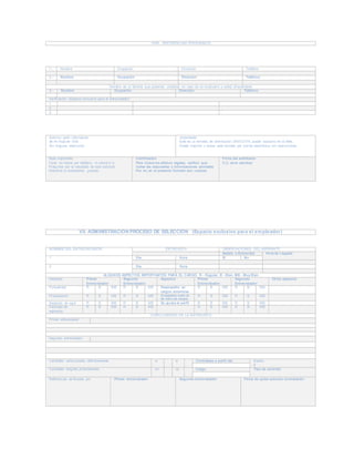 VVIIII.. REFERENCIAS PERSONALES 
1.- Nombre Ocupación Dirección Teléfono 
2.- Nombre Ocupación Dirección Teléfono 
Nombre de un familiar que podamos contactar en caso de no localizarlo a usted directamente 
3.- Nombre Ocupación Dirección Teléfono 
Verificación (Espacio exclusivo para el entrevistador) 
1. 
2. 
3. 
Autorizo pedir información 
de mi Hoja de Vida 
Sin ninguna restricción. 
¡Importante! 
Este es un formato de distribución GRATUITA, puede buscarlo en la Web, 
Puede imprimir o enviar este formato por correo electrónico sin restricciones. 
Nota importante 
Favor no llamar por teléfono, ni concurrir a 
Preguntar por el resultado de esta solicitud. 
Nosotros le avisaremos, gracias. 
Certificación 
Para todos los efectos legales, cerífico que 
todas las respuestas e informaciones anotadas 
Por mí, en el presente formato son veraces. 
Firma del solicitante 
C.C. elver sanchez 
VII. ADMINISTRACIÓN PROCESO DE SELECCIÓN (Espacio exclusivo para el empleador) 
NOMBRE DEL ENTREVISTADOR ENTREVISTA OBSERVACIONES DEL ASPIRANTE 
Asistió a Entrevista Hora de Llegada 
1. Día Hora Si No 
2. Día Hora 
ALGUNOS ASPECTOS IMPORTANTES PARA EL CARGO, R - Regular, B - Bien, MB - Muy Bien 
Aspectos Primer 
Entrevistador 
Segundo 
Entrevistador 
Aspectos Primer 
Entrevistador 
Segundo 
Entrevistador 
Otros aspectos 
Puntualidad R B MB R B MB Desempeño en 
cargos anteriores 
R B MB R B MB 
Presentación R B MB R B MB Aceptables motiv os 
de retiro de cargos 
R B MB R B MB 
Aspectos de vigor R B MB R B MB Se ajusta al perfil R B MB R B MB 
Facilidad de 
R B MB R B MB R B MB R B MB 
expresión 
CONCLUSIONES DE LA ENTREVISTA 
Primer entrevistador 
Segundo entrevistador 
Candidato seleccionado definitivamente si si Contrátese a partir del Sueldo 
$ 
Candidato elegible próximamente no no Cargo Tipo de contrato 
Referencias verificadas por Primer entrevistador Segundo entrevistador Firma de quien autoriza contratación 
 