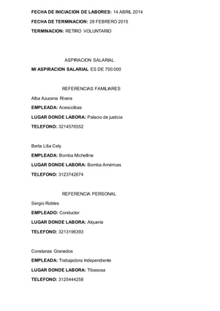 FECHA DE INICIACION DE LABORES: 14 ABRIL 2014
FECHA DE TERMINACION: 28 FEBRERO 2015
TERMINACION: RETIRO VOLUNTARIO
ASPIRACION SALARIAL
MI ASPIRACION SALARIAL ES DE 700.000
REFERENCIAS FAMILIARES
Alba Azucena Rivera
EMPLEADA: Acescolbas
LUGAR DONDE LABORA: Palacio de justicia
TELEFONO: 3214576552
Berta Lilia Cely
EMPLEADA: Bomba Michelline
LUGAR DONDE LABORA: Bomba Américas
TELEFONO: 3123742674
REFERENCIA PERSONAL
Sergio Robles
EMPLEADO: Conductor
LUGAR DONDE LABORA: Alquería
TELEFONO: 3213196393
Constanza Granados
EMPLEADA: Trabajadora Independiente
LUGAR DONDE LABORA: Tibasosa
TELEFONO: 3125444258
 