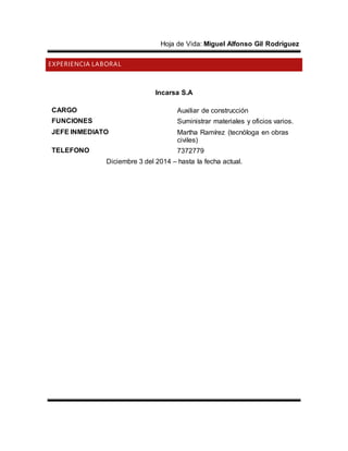 Hoja de Vida: Miguel Alfonso Gil Rodríguez
EXPERIENCIA LABORAL
Incarsa S.A
CARGO Auxiliar de construcción
FUNCIONES Suministrar materiales y oficios varios.
JEFE INMEDIATO Martha Ramírez (tecnóloga en obras
civiles)
TELEFONO 7372779
Diciembre 3 del 2014 – hasta la fecha actual.
 