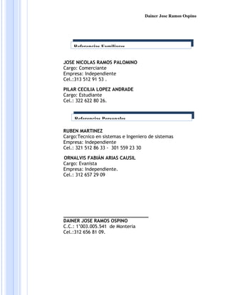 Dainer Jose Ramos Ospino
JOSE NICOLAS RAMOS PALOMINO
Cargo: Comerciante
Empresa: Independiente
Cel.:313 512 91 53 .
PILAR CECILIA LOPEZ ANDRADE
Cargo: Estudiante
Cel.: 322 622 80 26.
RUBEN MARTINEZ
Cargo:Tecnico en sistemas e Ingeniero de sistemas
Empresa: Independiente
Cel.: 321 512 86 33 - 301 559 23 30
ORNALVIS FABIÁN ARIAS CAUSIL
Cargo: Evanista
Empresa: Independiente.
Cel.: 312 657 29 09
______________________________
DAINER JOSE RAMOS OSPINO
C.C.: 1’003.005.541 de Monteria
Cel.:312 656 81 09.
Referencias Familiares
Referencias Personales
 