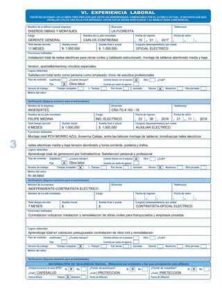 VI. EXPERIENCIA LABORALVI. EXPERIENCIA LABORAL
FAVOR RELACIONAR LOS ULTIMOS TRES EMPLEOS QUE USTED HA DESEMPEÑADO, COMENZANDO POR EL ULTIMO O ACTUAL. SI NECESITA DAR MAS
DETALLES UTILICE UNA HOJA POR SEPARADO. ESTOS DATOS SERAN VERIFICADOS Y SU MANEJO SERA CONFIDENCIAL.
FAVOR RELACIONAR LOS ULTIMOS TRES EMPLEOS QUE USTED HA DESEMPEÑADO, COMENZANDO POR EL ULTIMO O ACTUAL. SI NECESITA DAR MAS
DETALLES UTILICE UNA HOJA POR SEPARADO. ESTOS DATOS SERAN VERIFICADOS Y SU MANEJO SERA CONFIDENCIAL.
Nombre de la última o actual empresa Dirección Teléfono(s)
Cargo Nombre de su jefe inmediato Fecha de ingreso Fecha de retiro
D M A D M A
Total tiempo servido Sueldo inicial Sueldo final o actual Cargo(s) desempeñado(s) por usted
$ $
Funciones realizadas
Logros obtenidos
Tipo de contrato: Indefinido
Fijo
¿Cuanto tiempo? Contrato directo con la empresa
Contrato por medio de agencia
Otro ¿Cuál?
Horario de trabajo: Tiempo completo ½ Tiempo Por horas Jornada: Diurna Nocturna Otra jornada
Motivo del retiro
Verificación (Espacio exclusivo para el entrevistador)
Nombre de la empresa Dirección Teléfono(s)
CargoNombre de su jefe inmediato Fecha de ingreso Fecha de retiro
D M A D M A
Total tiempo servido Sueldo inicial Sueldo final o actual Cargo(s) desempeñado(s) por usted
$ $
Funciones realizadas
Logros obtenidos
Tipo de contrato: Indefinido
Fijo
¿Cuanto tiempo? Contrato directo con la empresa
Contrato por medio de agencia
Otro ¿Cuál?
Horario de trabajo: Tiempo completo ½ Tiempo Por horas Jornada: Diurna Nocturna Otra jornada
Motivo del retiro
Verificación (Espacio exclusivo para el entrevistador)
Nombre de la empresa Dirección Teléfono(s)
CargoNombre de su jefe inmediato Fecha de ingreso Fecha de retiro
D M A D M A
Total tiempo servido Sueldo inicial Sueldo final o actual Cargo(s) desempeñado(s) por usted
$ $
Funciones realizadas
Logros obtenidos
Tipo de contrato: Indefinido
Fijo
¿Cuanto tiempo? Contrato directo con la empresa
Contrato por medio de agencia
Otro ¿Cuál?
Horario de trabajo: Tiempo completo ½ Tiempo Por horas Jornada: Diurna Nocturna Otra jornada
Motivo del retiro
Verificación (Espacio exclusivo para el entrevistador)
INFORMACIÓN DE SEGURIDAD SOCIAL (Relacione las entidades a las que actualmente esta afiliado)
¿Entidad promotora de salud (EPS)? Si No
¿Cuál?
Fecha de afiliación Cotizante Beneficiario
¿Fondo de pensiones? Si No
¿Cuál?
Fecha de afiliación:
¿Fondo de cesantías? Si No
¿Cuál?
Fecha de afiliación:
3
DISEÑOS OBRAS Y MONTAJES LA FLORESTA
GERENTE GENERAL CARLOS CONTRERAS 16 01
11 MESES 1.000.000 1.000.000 OFICIAL ELECTRICO
Instalacion total de redes electricas para obras civiles y cableado estructurado, montaje de tableros alambrado media y baja
tension, apantallamientosy circuitos especiales
Satisfaccion total tanto como persona como empleado; Inicio de estudios profesionales
Obra labor
INGESERTEC
fin de labor
Obra labor
Aprendizaje total de generacion por hidroelectrica; Satisfaccion personal y profesional
redes electricas media y baja tension alumbrado y toma corriente, posteria y trafos.
Montaje total PCH MORRO AZUL Anserma Caldas, entre las labores montaje de tableros, tomafuerzas rieles electricos
AUXILIAR ELECTRICO1.000.0001.000.0006 MESES
201611210623ING. ELECTRICOFELIPE MEDINA
CRA 7G # 163 - 16
2016
2017
INDEPENDIENTE-CONTRATISTA ELECTRICO
Aprendizaje total en cotizacion presupuestos contratacion de obra civil y remodelacion
Contratacion cotizacion instalacion y remodelacion de obras civiles para franquiciados y empresas privadas
CONTRATISTA-OFICIAL ELECTRICO7 MESES
CAFESALUD PROTECCION PRETECCION
 