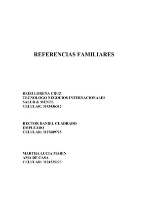 REFERENCIAS FAMILIARES

DEIZI LORENA CRUZ
TECNOLOGO NEGOCIOS INTERNACIONALES
SALUD & MENTE
CELULAR: 3143436312

HECTOR DANIEL CUADRADO
EMPLEADO
CELULAR: 3127689725

MARTHA LUCIA MARIN
AMA DE CASA
CELULAR: 3124225223

 