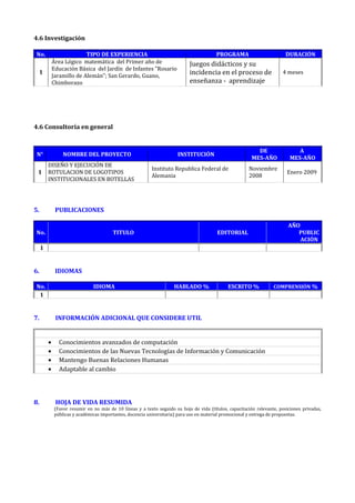 4.6 Investigación
No. TIPO DE EXPERIENCIA PROGRAMA DURACIÓN
1
Área Lógico matemática del Primer año de
Educación Básica del Jardín de Infantes “Rosario
Jaramillo de Alemán”; San Gerardo, Guano,
Chimborazo
Juegos didácticos y su
incidencia en el proceso de
enseñanza - aprendizaje
4 meses
4.6 Consultoría en general
N° NOMBRE DEL PROYECTO INSTITUCIÓN
DE
MES-AÑO
A
MES-AÑO
1
DISEÑO Y EJECUCIÓN DE
ROTULACION DE LOGOTIPOS
INSTITUCIONALES EN BOTELLAS
Instituto Republica Federal de
Alemania
Noviembre
2008
Enero 2009
5. PUBLICACIONES
No. TITULO EDITORIAL
AÑO
PUBLIC
ACIÓN
1
6. IDIOMAS
No. IDIOMA HABLADO % ESCRITO % COMPRENSIÓN %
1
7. INFORMACIÓN ADICIONAL QUE CONSIDERE UTIL
• Conocimientos avanzados de computación
• Conocimientos de las Nuevas Tecnologías de Información y Comunicación
• Mantengo Buenas Relaciones Humanas
• Adaptable al cambio
8. HOJA DE VIDA RESUMIDA
(Favor resumir en no más de 10 líneas y a texto seguido su hoja de vida (títulos, capacitación relevante, posiciones privadas,
públicas y académicas importantes, docencia universitaria) para uso en material promocional y entrega de propuestas.
 