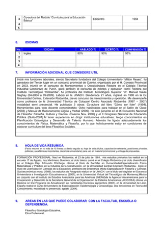 3
Co-autora del Módulo “Currículo para la Educación
Básica”
Edicentro 1994
4
5
6. IDIOMAS
No. IDIOMA HABLADO % ESCRITO % COMPRENSIÓN %
1 Inglés 80% 90% 95%
2
3
4
7. INFORMACIÓN ADICIONAL QUE CONSIDERE UTIL
Inicié mis funciones laborales, siendo Secretaria fundadora del Colegio Universitario “Milton Reyes”, fui
ganadora del Tercer lugar en un concurso provincial de Cuento, organizado por el H. Consejo Provincial
en 2003, triunfé en el concurso de Merecimientos y Oposiciónpara Rectora en el Colegio Técnico
Industrial Condorazo de Punìn, ganè también el concurso de mèritos y oposición como Rectora del
Instituto Tecnológico “Riobamba”, fui profesora del Instituto Tecnológico Superior “Dr. Manuel Naula
Sagñay (04-2004 a 09-2009). Laboro en la UNACH. Desdehace 21 años, ingresé en 1990 en la Ex
Universidad Central, Extensión Riobamba, previo concurso de merecimientos y oposición. Me desempeñè
como profesora de la Universidad Técnica de Cotopaxi Centro Asociado Riobamba (1997 – 2007)
modalidad semi presencial. He publicado 3 obras: Co-autora del libro “Cómo ser líder” (1994),
Herramientas para todo docente comprometido: Ocho habilidades para trabajar en el Salón de Clase
(2003) y Manual de Razonamiento Lógico y Verbal (2009). He sido ponente en el IX Encuentro Nacional
de Filosofìa: Filosofìa, Cultura y Ciencia. (Cuenca Nov. 2006) y el II Congreso Nacional de Educación
Pública (Quito-2007).Al tener experiencia en dirigir instituciones educativas, tengo conocimientos en
Planificación Estratégica y Desarrollo de Talento Humano. Además he ligado adecuadamente los
conocimientos de Física, Matemática y Filosofía, por lo que holísticamente estoy en condiciones de
elaborar currículum del área Filosófico Sociales.
8. HOJA DE VIDA RESUMIDA
(Favor resumir en no más de 10 líneas y a texto seguido su hoja de vida (títulos, capacitación relevante, posiciones privadas,
públicas y académicas importantes, docencia universitaria) para uso en material promocional y entrega de propuestas.
FORMACIÓN PROFESIONAL: Nací en Riobamba, el 23 de julio de 1964, mis estudios primarios los realicé en la
escuela 17 de Agosto, hoy Martiniano Guerrero, el ciclo básico cursé en el Colegio Riobamba y el ciclo diversificado
en el Colegio Cap. Edmundo Chiriboga, obtuve el título de Bachiller en HumanidadesEspecialización Físico
Matemáticas y Práctico en la Industria de la Construcción, en la Universidad Central Extensión Riobamba, logré el
título de Licenciada en Ciencias de la Educación, profesora de Enseñanza Media Especialización Filosofía y Ciencias
Socioeconómicas mayo (1989), los estudios de Postgrado realizo en la UNACH. con el título de Magíster en Docencia
Universitaria e Investigación Educativamarzo (2001), en la Universidad Virtual del Tecnológico de Monterrey,México
en conjunto con el Instituto de Estudios Avanzados para las Américas (INEAM)de la Agencia Interamericana para la
Cooperación y Desarrollo de la Secretaría General de la Organización de Estados Americanos (AICD/OEA) obtuve un
Diploma on line Programa de Actualización en Habilidades Docentes septiembre (2003), en la Universidad de León,
España realicé el Curso Universitario de Especialización: Epistemología y Gnoseología, dos direcciones en Teoría del
Conocimiento, modalidad no presencial, agosto (2004).
9. AREAS EN LAS QUE PUEDE COLABORAR CON LA FACULTAD, ESCUELA O
DEPENDENCIA.
Filosofía y Sociología Educativa,
Ética Profesional,
 