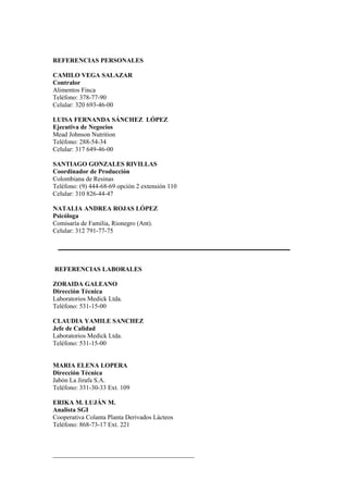 REFERENCIAS PERSONALES
CAMILO VEGA SALAZAR
Contralor
Alimentos Finca
Teléfono: 378-77-90
Celular: 320 693-46-00
LUISA FERNANDA SÁNCHEZ LÓPEZ
Ejecutiva de Negocios
Mead Johnson Nutrition
Teléfono: 288-54-34
Celular: 317 649-46-00
SANTIAGO GONZALES RIVILLAS
Coordinador de Producción
Colombiana de Resinas
Teléfono: (9) 444-68-69 opción 2 extensión 110
Celular: 310 826-44-47
NATALIA ANDREA ROJAS LÓPEZ
Psicóloga
Comisaría de Familia, Rionegro (Ant).
Celular: 312 791-77-75
REFERENCIAS LABORALES
ZORAIDA GALEANO
Dirección Técnica
Laboratorios Medick Ltda.
Teléfono: 531-15-00
CLAUDIA YAMILE SANCHEZ
Jefe de Calidad
Laboratorios Medick Ltda.
Teléfono: 531-15-00
MARIA ELENA LOPERA
Dirección Técnica
Jabón La Jirafa S.A.
Teléfono: 331-30-33 Ext. 109
ERIKA M. LUJÁN M.
Analista SGI
Cooperativa Colanta Planta Derivados Lácteos
Teléfono: 868-73-17 Ext. 221
____________________________________________
 