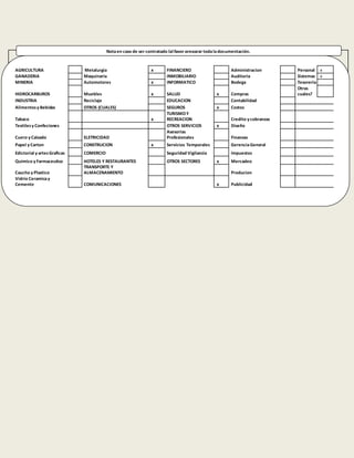 VI. EXPERIENCIA LABORAL
FAVOR RELACIONAR LOS ULTIMOS TRESEMPLEOS QUE USTED HA DESEMPEÑADO, COMENZANDO POR EL ULTIMO O ACTUAL. SI NECESITA DAR MAS
DETALLES UTILICE UNA HOJA POR SEPARADO. ESTOSDATOSSERAN VERIFICADOSY SU MANEJO SERA CONFIDENCIAL.FAVORRELACIONAR LOS ULTIMOS TRES
EMPLEOS QUE USTED HA DESEMPEÑADO, COMENZANDO POR EL ULTIMO O ACTUAL. SI NECESITA
Notaen caso de ser contratado (a)favor preparar todaladocumentación.
AGRICULTURA Metalurgia x FINANCIERO Administracion Personal x
GANADERIA Maquinaria INMOBILIARIO Auditoria Sistemas x
MINERIA Automotores x INFORMATICO Bodega Tesoreria
HIDROCARBUROS Muebles x SALUD x Compras
Otras
cuales?
INDUSTRIA Reciclaje EDUCACION Contabilidad
Alimentosy Bebidas OTROS (CUALES) SEGUROS x Costos
Tabaco x
TURISMOY
RECREACION Credito y cobranzas
Textilesy Confeciones OTROS SERVICIOS x Diseño
Cuero y Calzado ELETRICIDAD
Asesorias
Profesionales Finanzas
Papel y Carton CONSTRUCION x Servicios Temporales GerenciaGeneral
Edictorial y artesGraficas COMERCIO Seguridad Vigilancia Impuestos
Quimico y Farmaceutico HOTELES Y RESTAURANTES OTROS SECTORES x Mercadeo
Caucho y Plastico
TRANSPORTE Y
ALMACENAMIENTO Producion
Vidrio Ceramicay
Cemento COMUNICACIONES x Publicidad
 